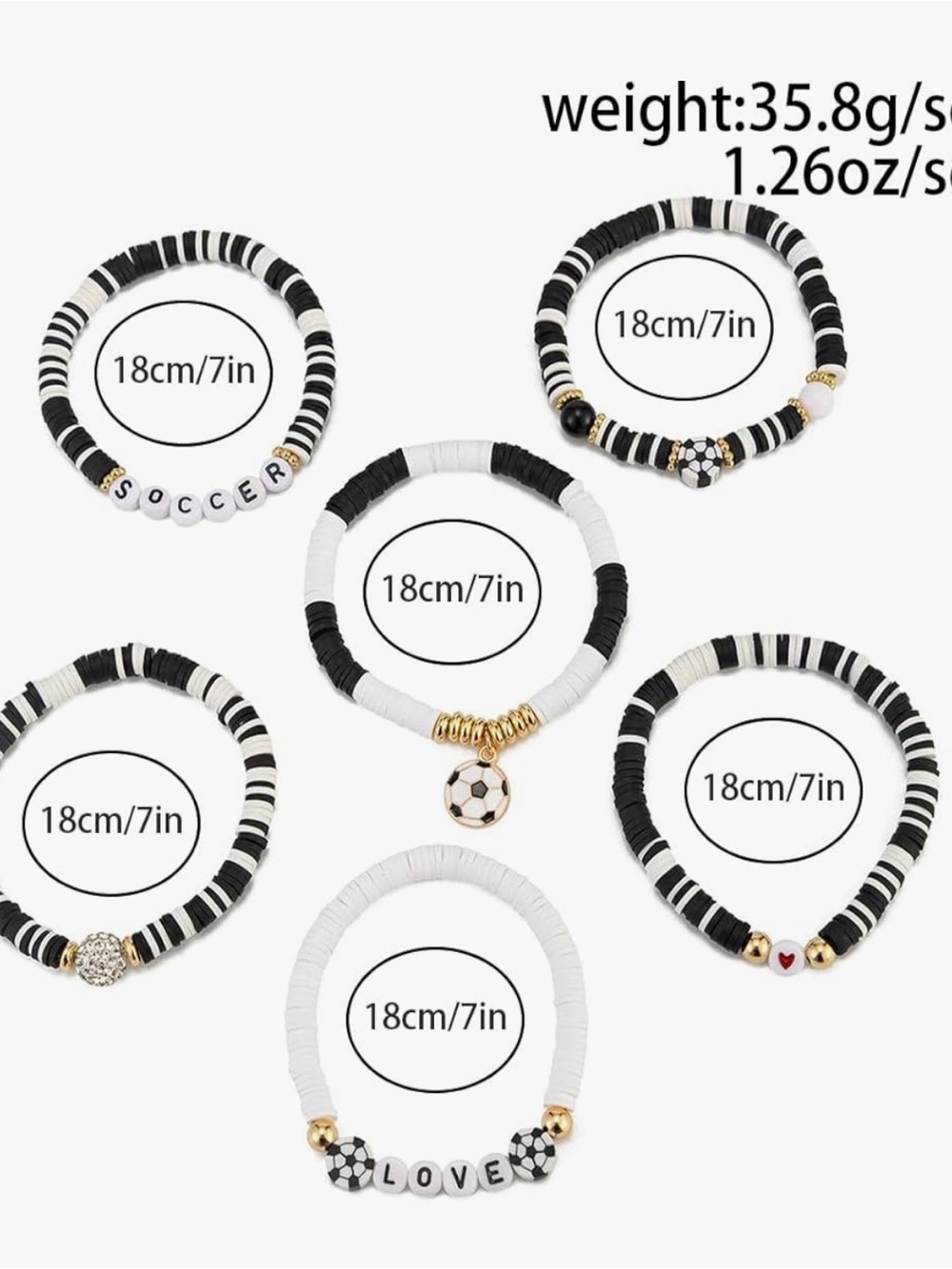 Soccer-Themed Soccer Charm Clay Bead Bracelet in White & Black - Picture 5 of 7